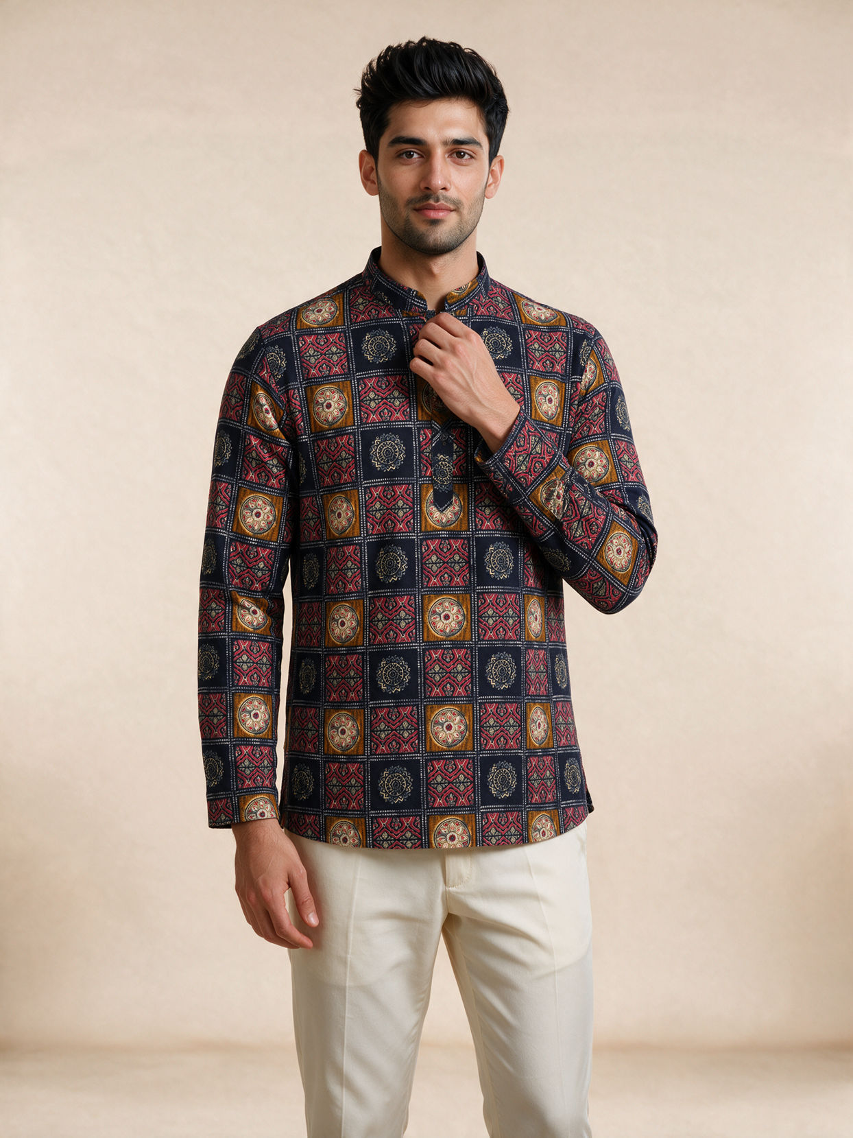 Manyavar Men Blue Cotton Short Kurta with Print