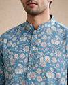Manyavar Men Blue Blended Cotton Short Kurta with Floral Print