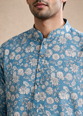 Manyavar Men Blue Blended Cotton Short Kurta with Floral Print
