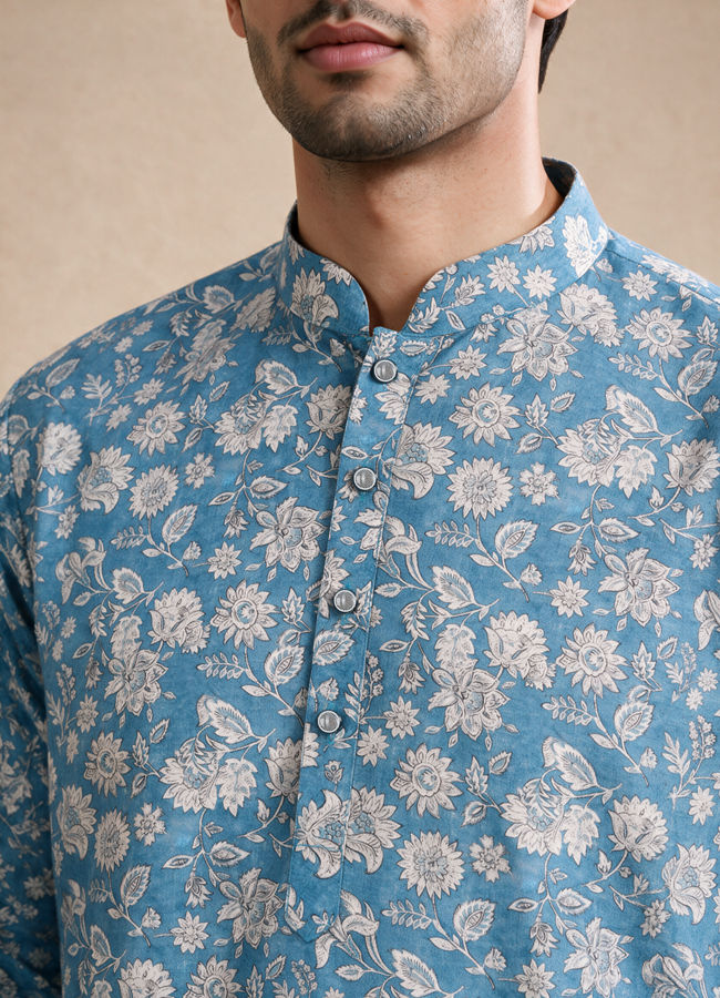 Manyavar Men Blue Blended Cotton Short Kurta with Floral Print