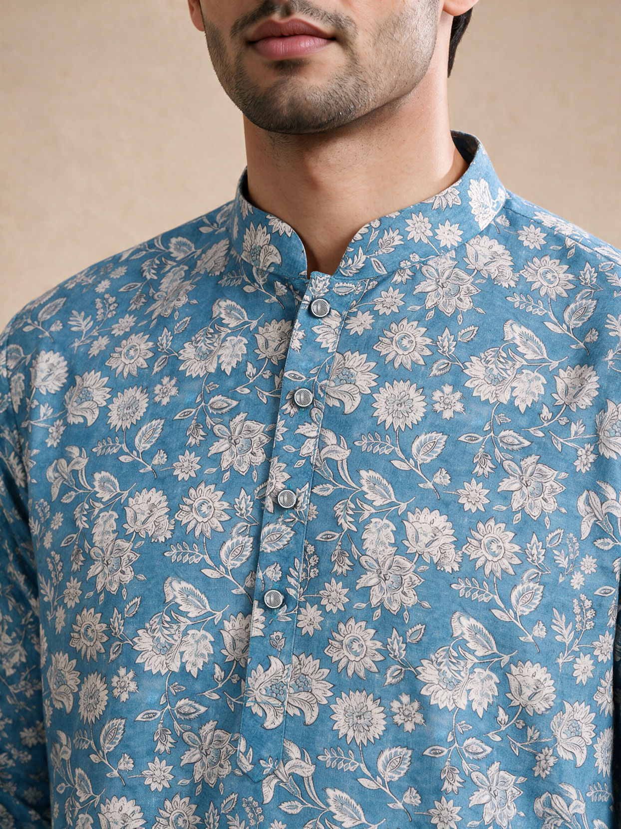 Manyavar Men Blue Blended Cotton Short Kurta with Floral Print