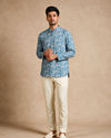 Manyavar Men Blue Blended Cotton Short Kurta with Floral Print