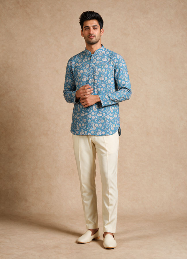 Manyavar Men Blue Blended Cotton Short Kurta with Floral Print