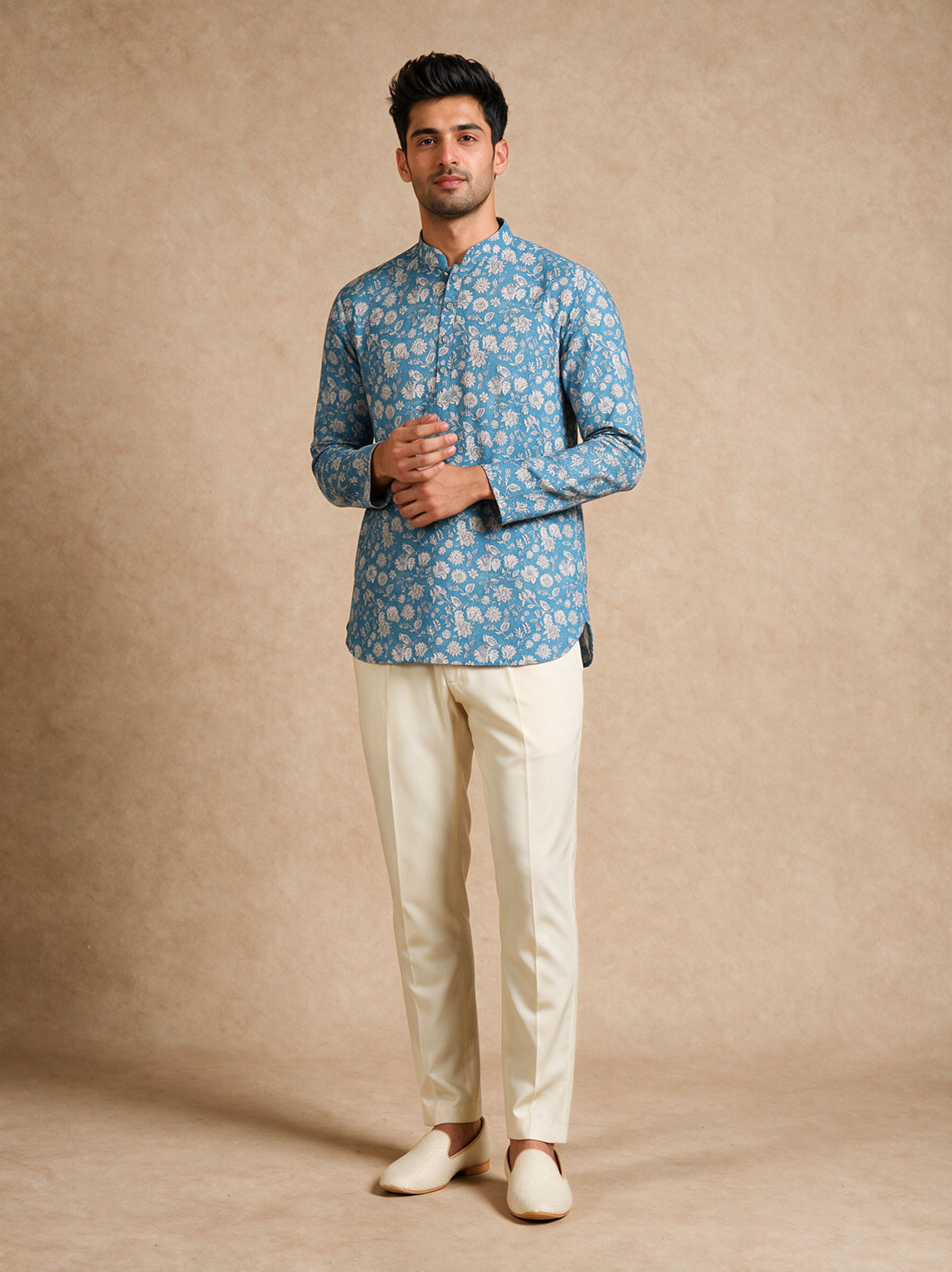 Manyavar Men Blue Blended Cotton Short Kurta with Floral Print