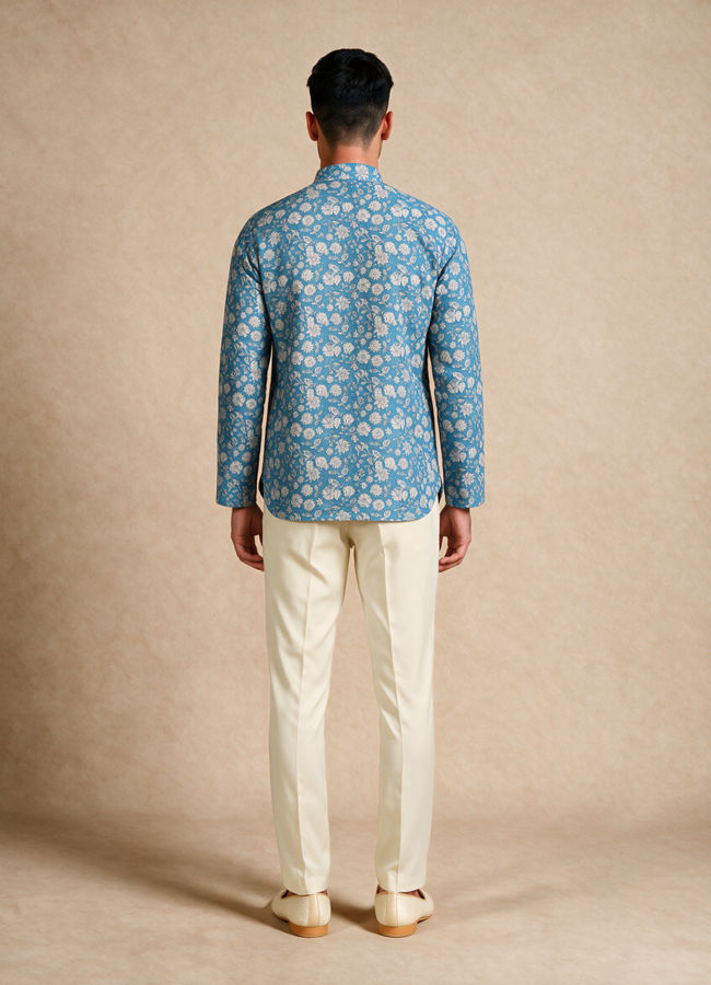 Manyavar Men Blue Blended Cotton Short Kurta with Floral Print