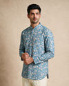 Manyavar Men Blue Blended Cotton Short Kurta with Floral Print