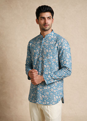 Manyavar Men Blue Blended Cotton Short Kurta with Floral Print