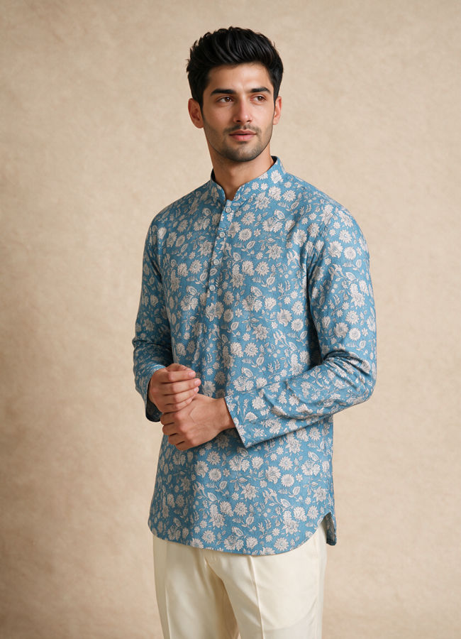 Manyavar Men Blue Blended Cotton Short Kurta with Floral Print