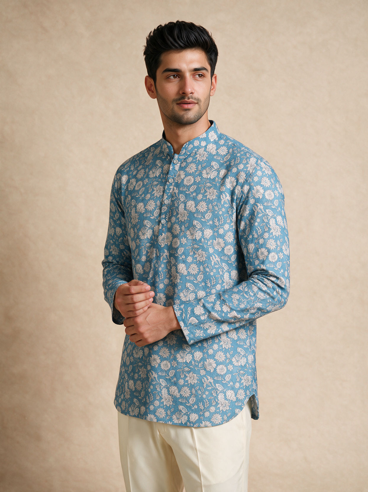 Manyavar Men Blue Blended Cotton Short Kurta with Floral Print