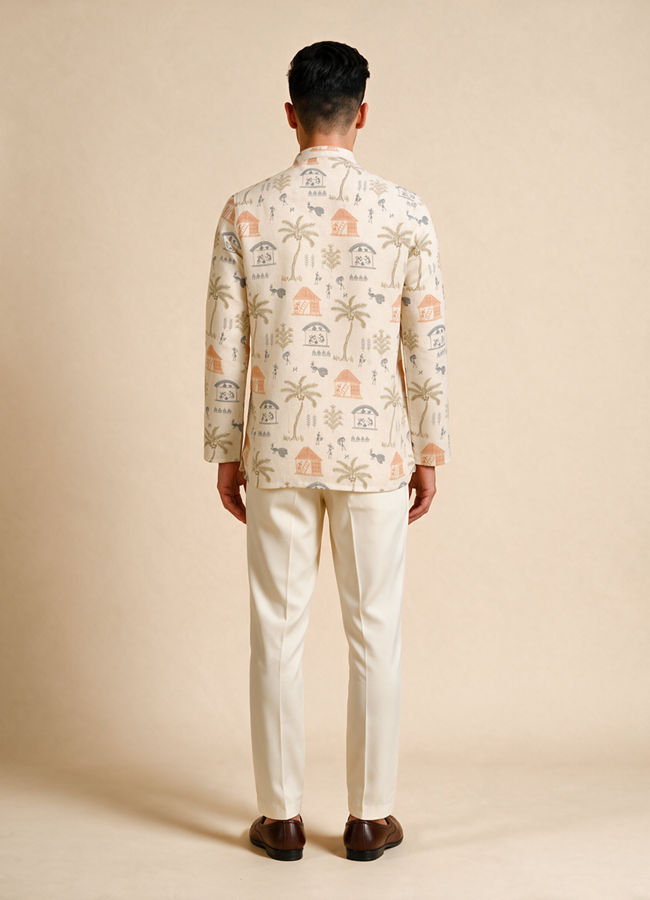 Manyavar Men Cream Blended Cotton Short Kurta with Print