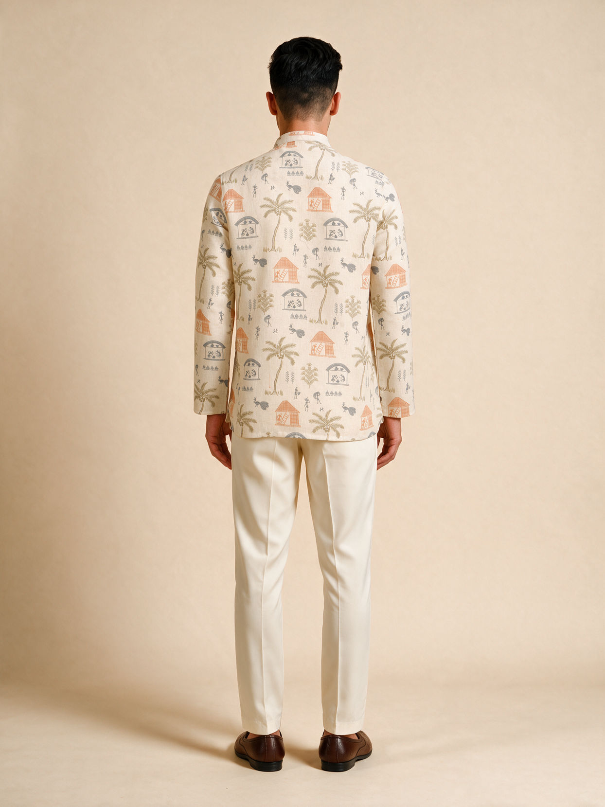 Manyavar Men Cream Blended Cotton Short Kurta with Print
