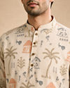 Manyavar Men Cream Blended Cotton Short Kurta with Print
