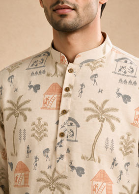 Manyavar Men Cream Blended Cotton Short Kurta with Print