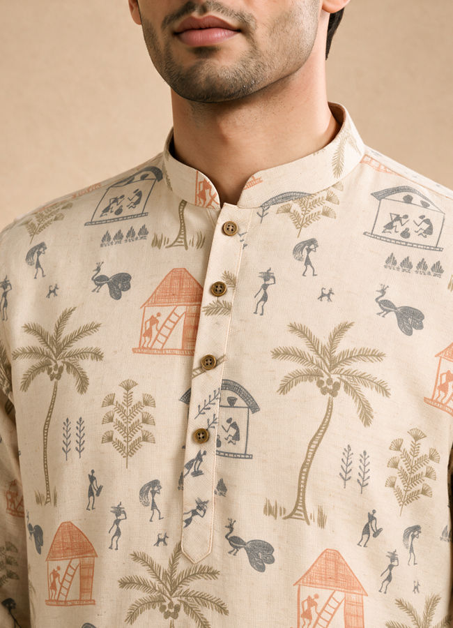 Manyavar Men Cream Blended Cotton Short Kurta with Print