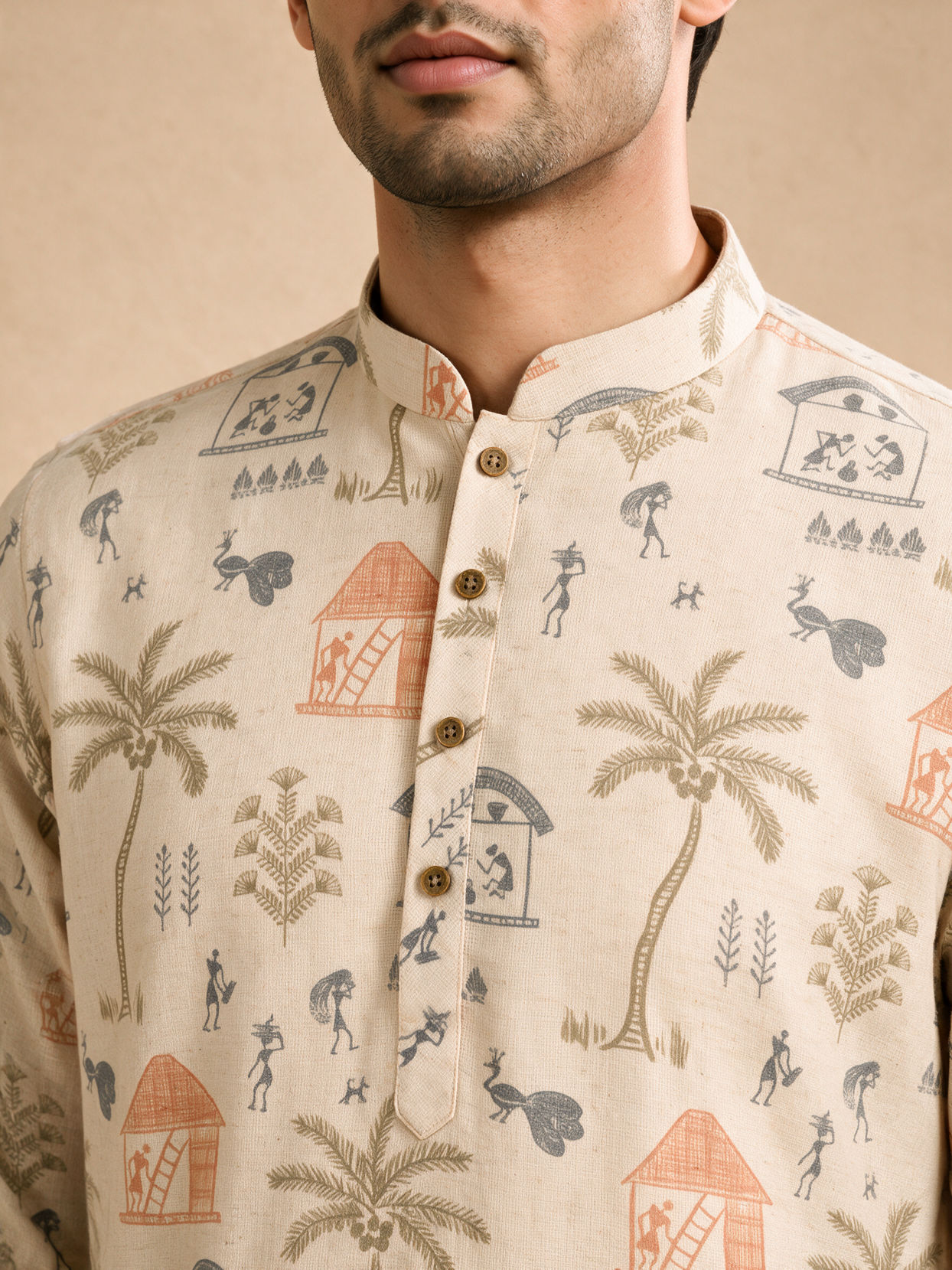 Manyavar Men Cream Blended Cotton Short Kurta with Print