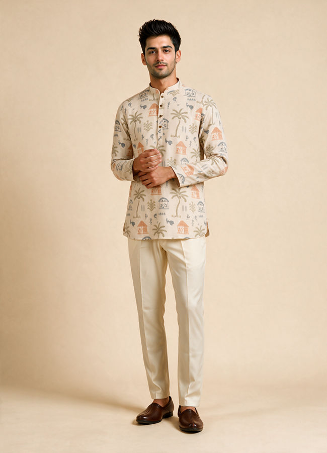 Manyavar Men Cream Blended Cotton Short Kurta with Print