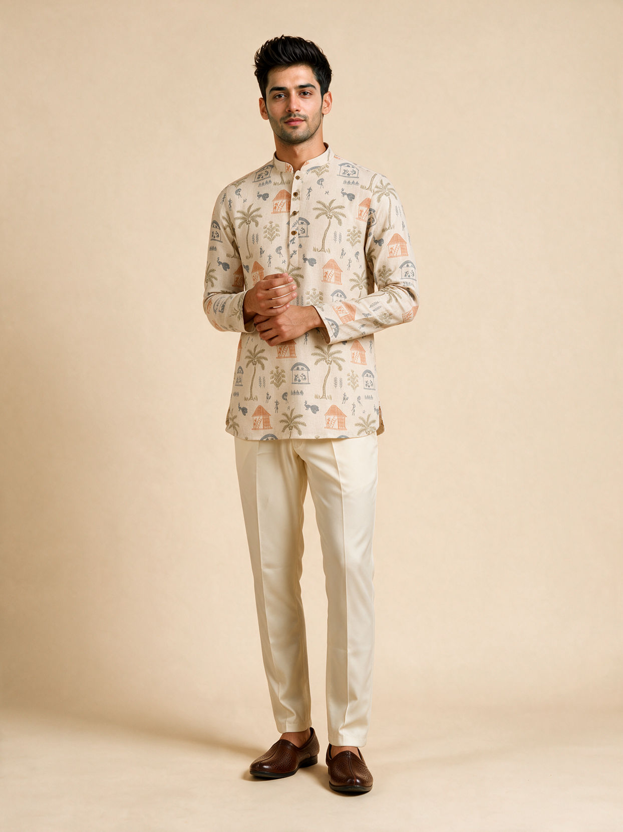 Manyavar Men Cream Blended Cotton Short Kurta with Print