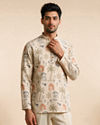 Manyavar Men Cream Blended Cotton Short Kurta with Print