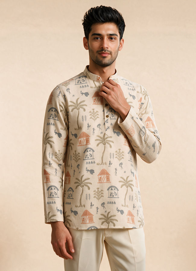 Manyavar Men Cream Blended Cotton Short Kurta with Print