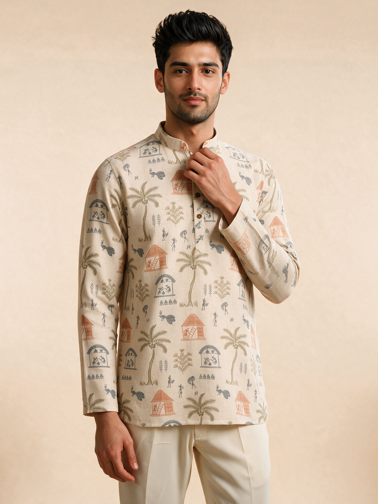 Manyavar Men Cream Blended Cotton Short Kurta with Print