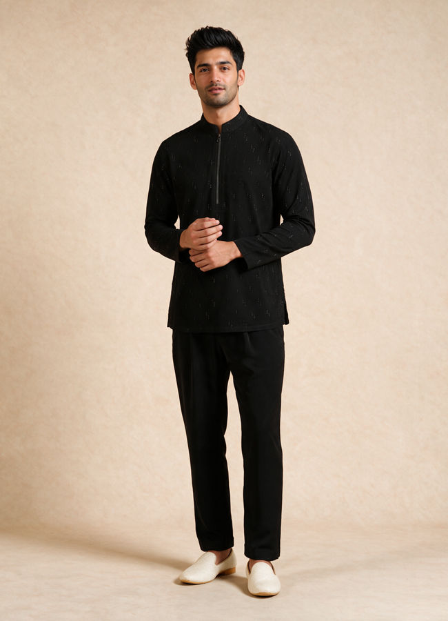 Manyavar Men Black Blended Rayon Short Kurta with Zipper