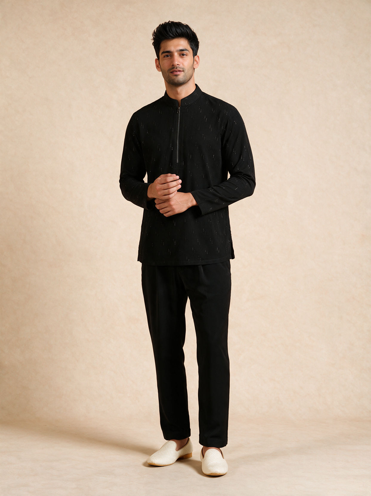 Manyavar Men Black Blended Rayon Short Kurta with Zipper