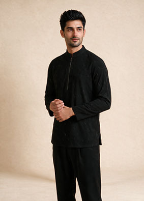 Manyavar Men Black Blended Rayon Short Kurta with Zipper