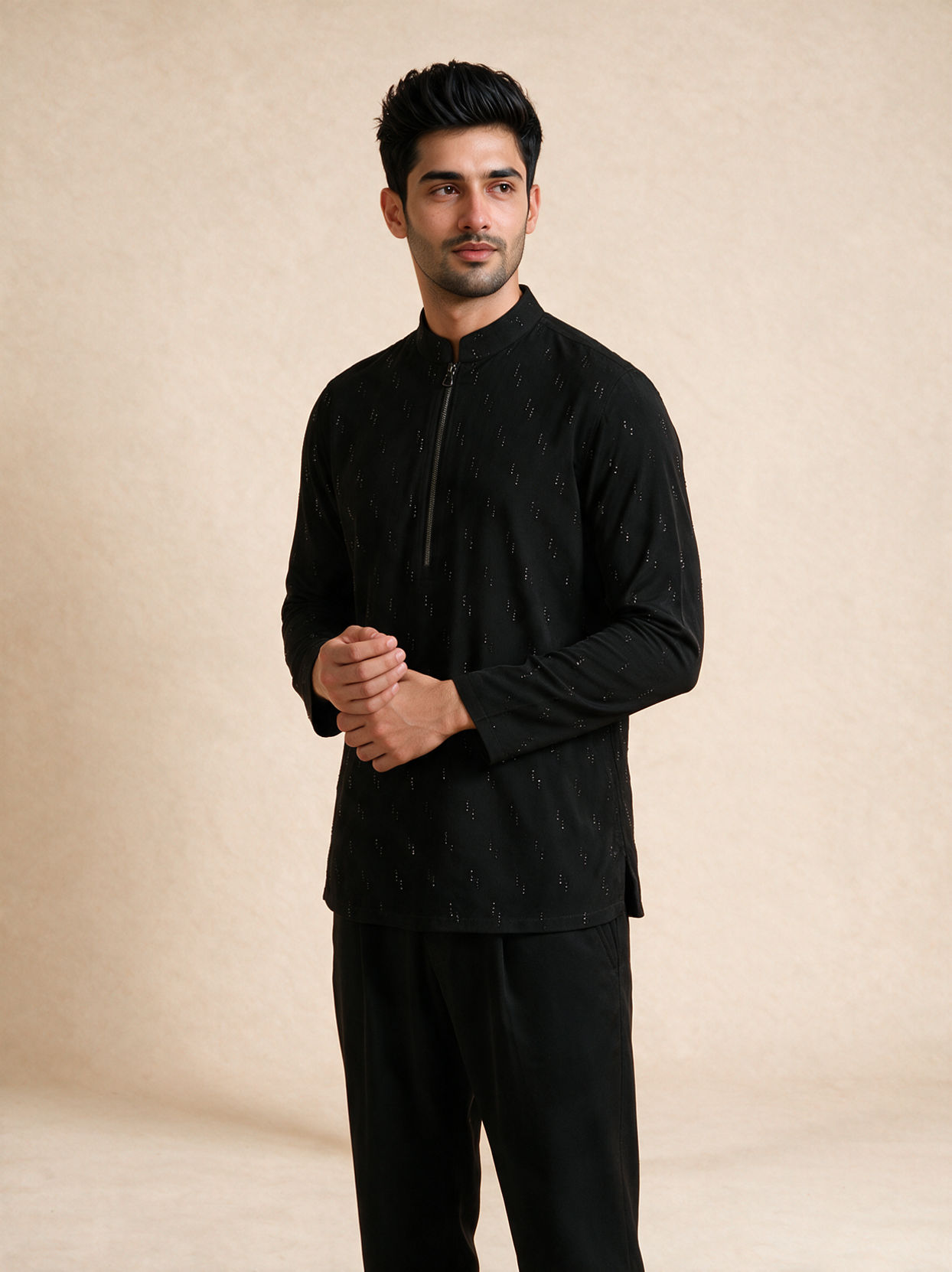 Manyavar Men Black Blended Rayon Short Kurta with Zipper