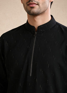 Manyavar Men Black Blended Rayon Short Kurta with Zipper