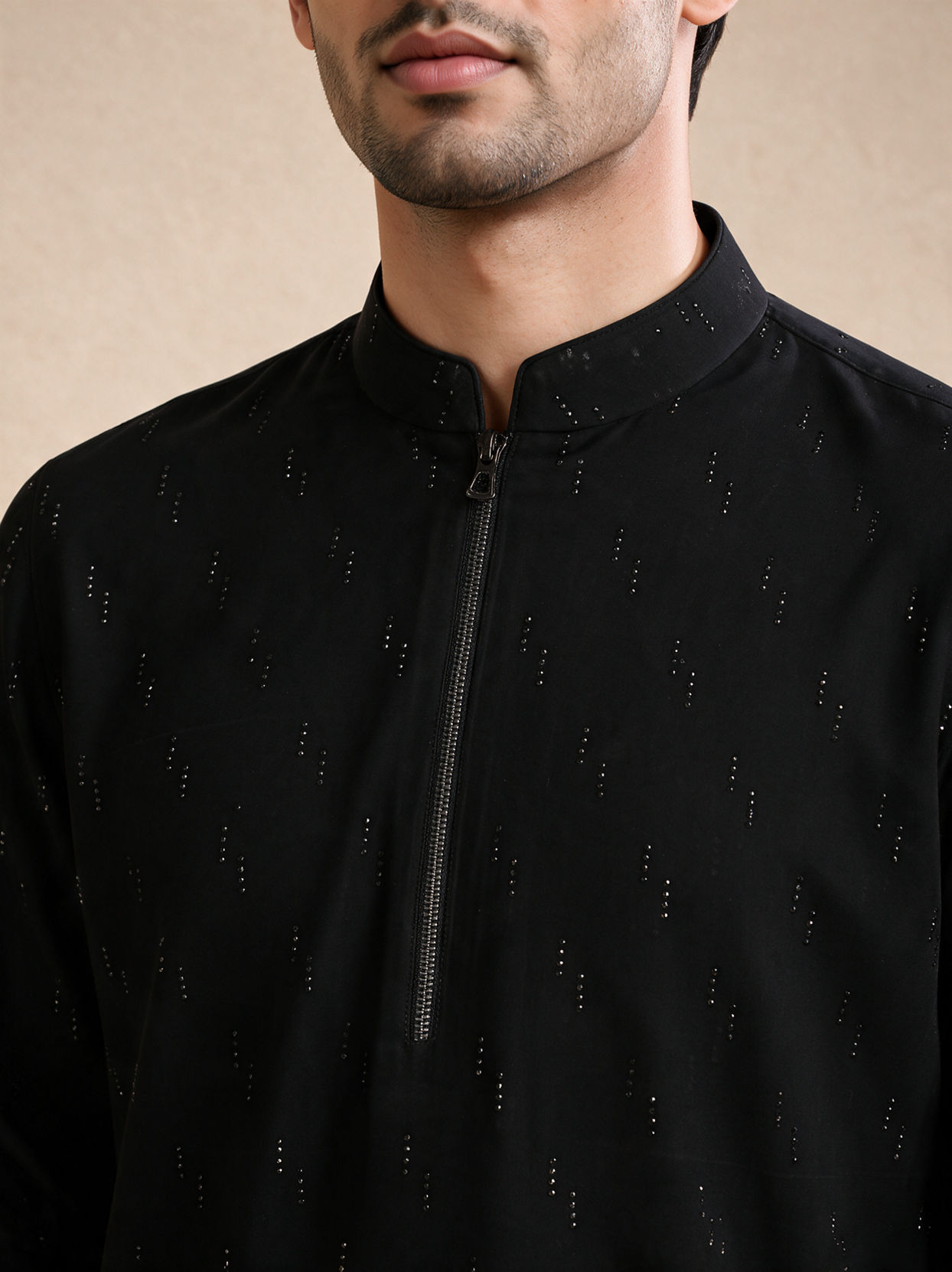 Manyavar Men Black Blended Rayon Short Kurta with Zipper
