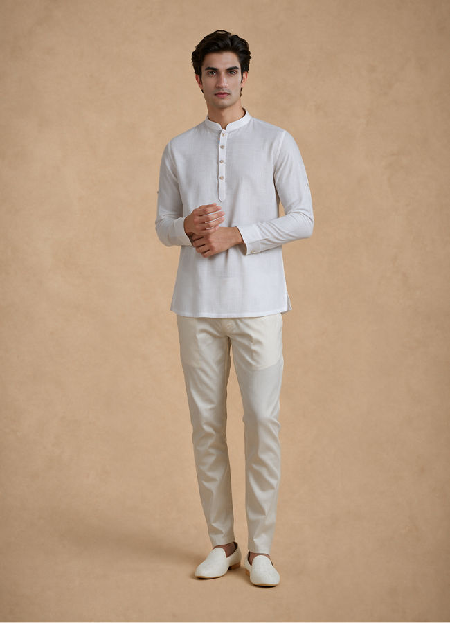 Manyavar Men White Cotton Short Kurta
