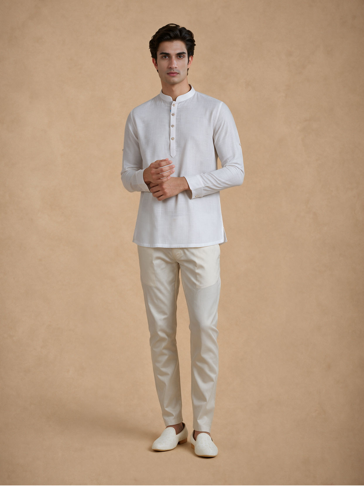 Manyavar Men White Cotton Short Kurta
