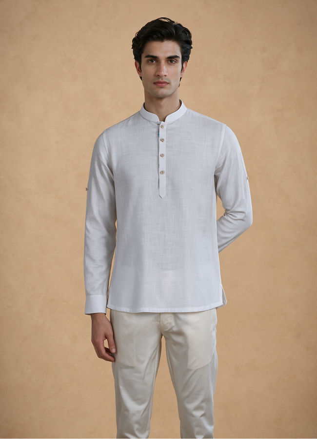 Manyavar Men White Cotton Short Kurta