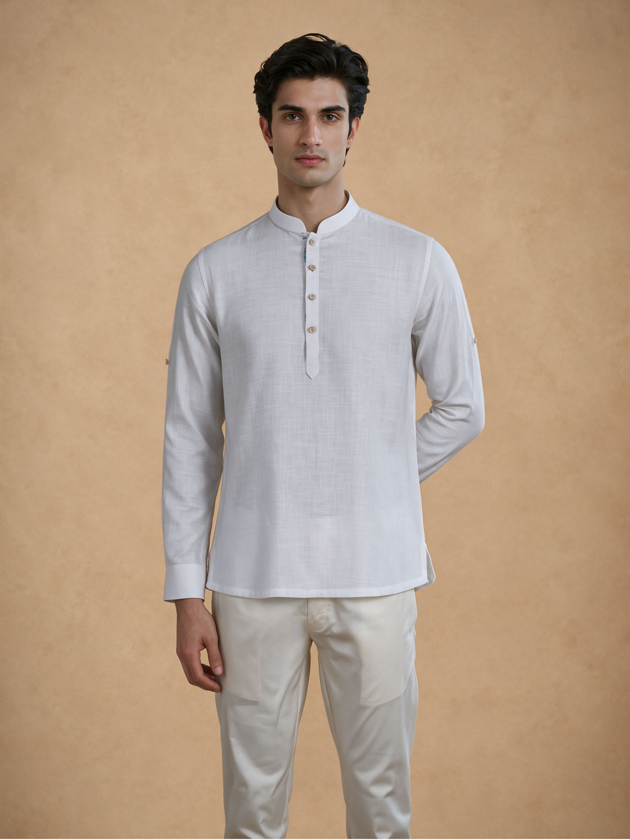 Manyavar Men White Cotton Short Kurta