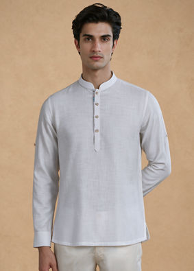 Manyavar Men White Cotton Short Kurta