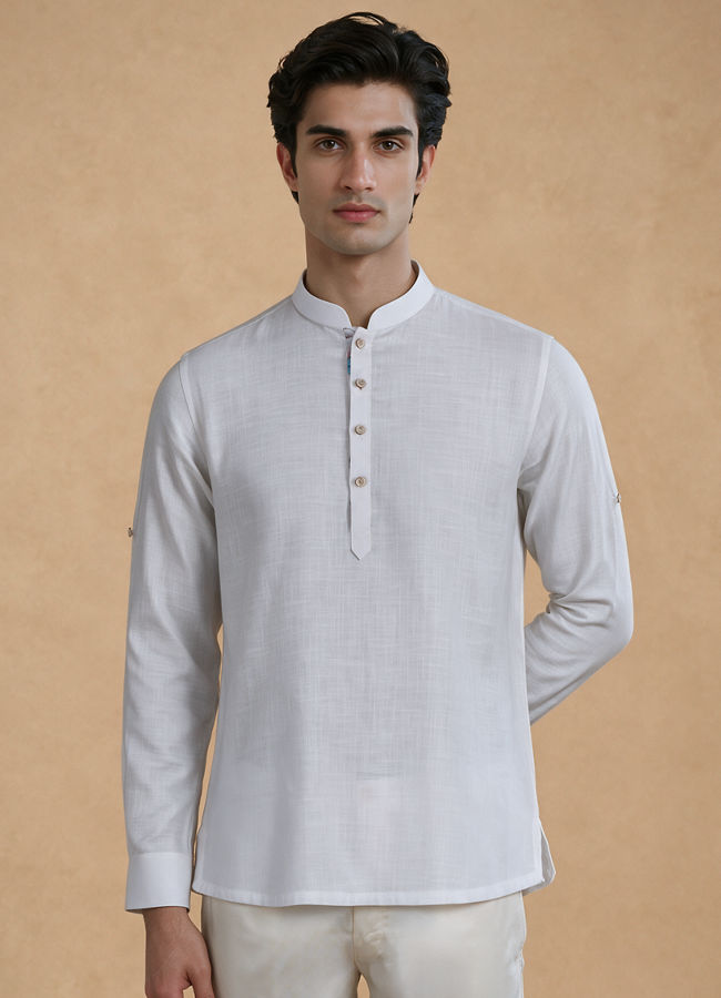Manyavar Men White Cotton Short Kurta