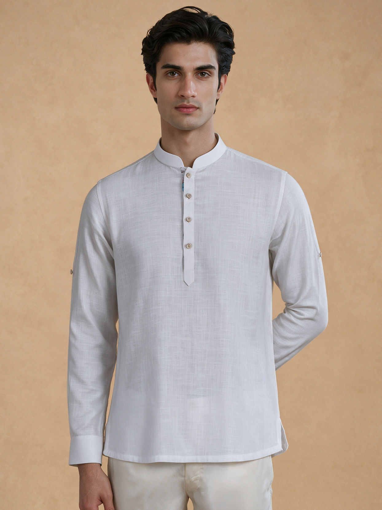 Manyavar Men White Cotton Short Kurta