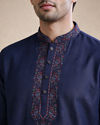 Manyavar Men Dark Blue Blended Viscose Kurta with Embroidery