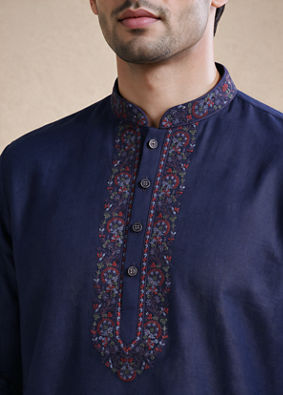 Manyavar Men Dark Blue Blended Viscose Kurta with Embroidery