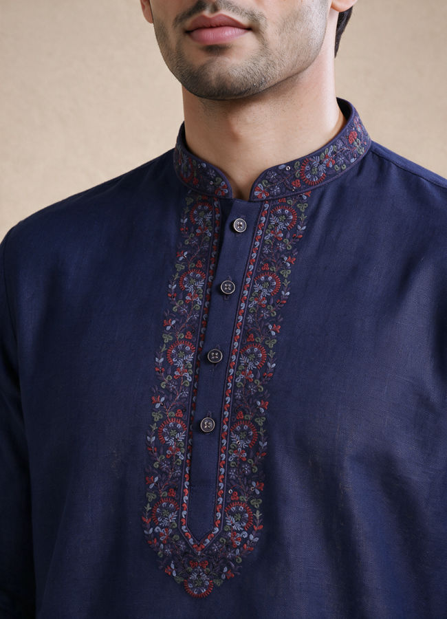 Manyavar Men Dark Blue Blended Viscose Kurta with Embroidery