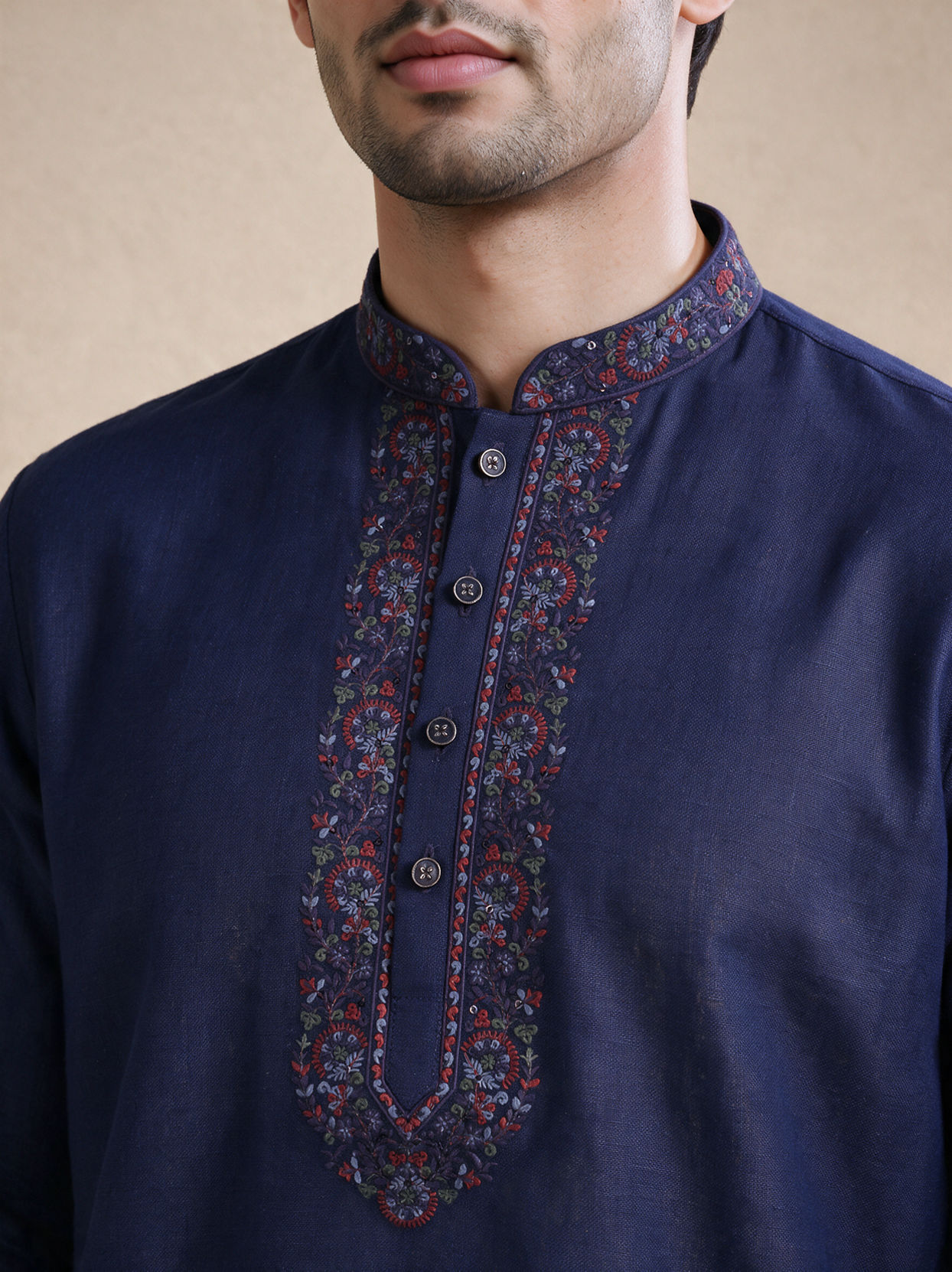 Manyavar Men Dark Blue Blended Viscose Kurta with Embroidery