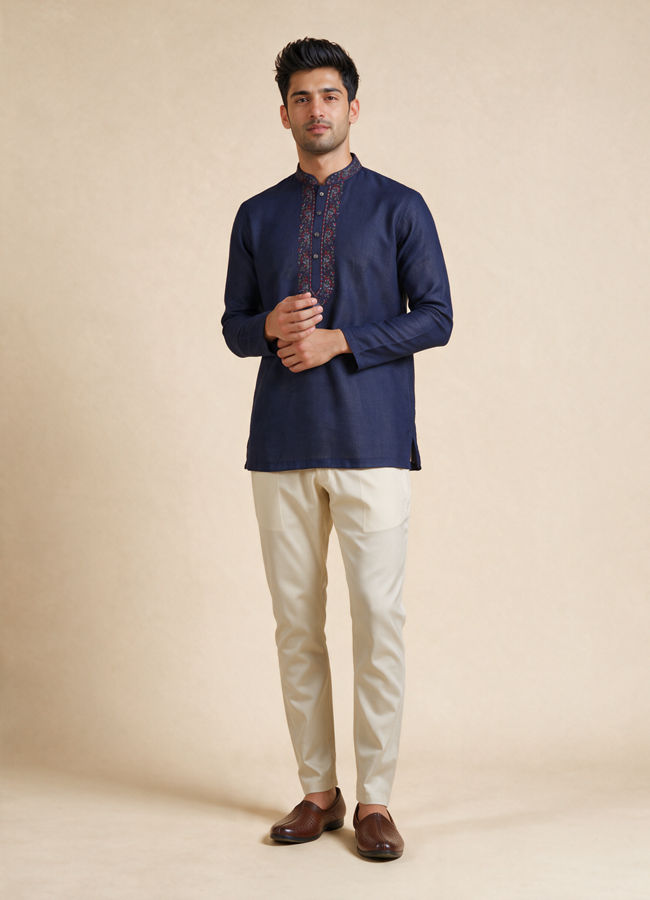 Manyavar Men Dark Blue Blended Viscose Kurta with Embroidery