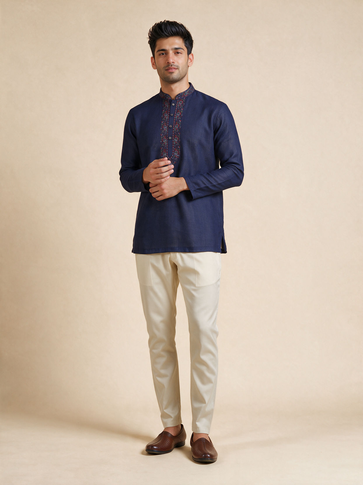 Manyavar Men Dark Blue Blended Viscose Kurta with Embroidery