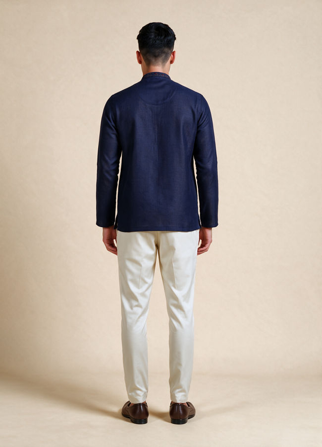 Manyavar Men Dark Blue Blended Viscose Kurta with Embroidery