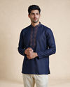 Manyavar Men Dark Blue Blended Viscose Kurta with Embroidery