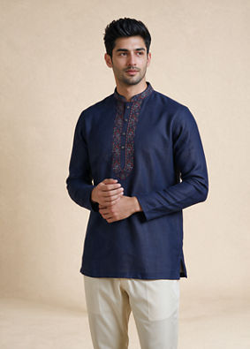 Manyavar Men Dark Blue Blended Viscose Kurta with Embroidery