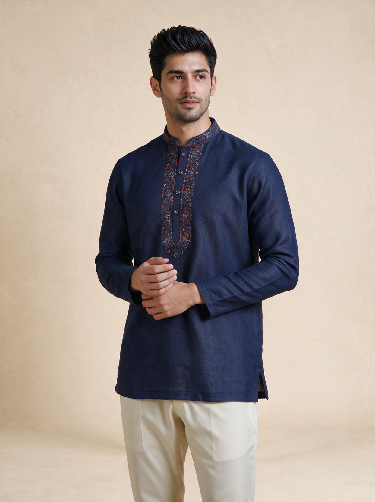 Manyavar Men Dark Blue Blended Viscose Kurta with Embroidery