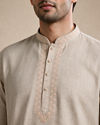 Manyavar Men Beige Blended Linen Short Kurta with Embroidery
