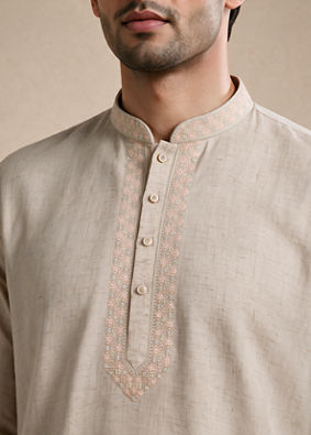 Manyavar Men Beige Blended Linen Short Kurta with Embroidery