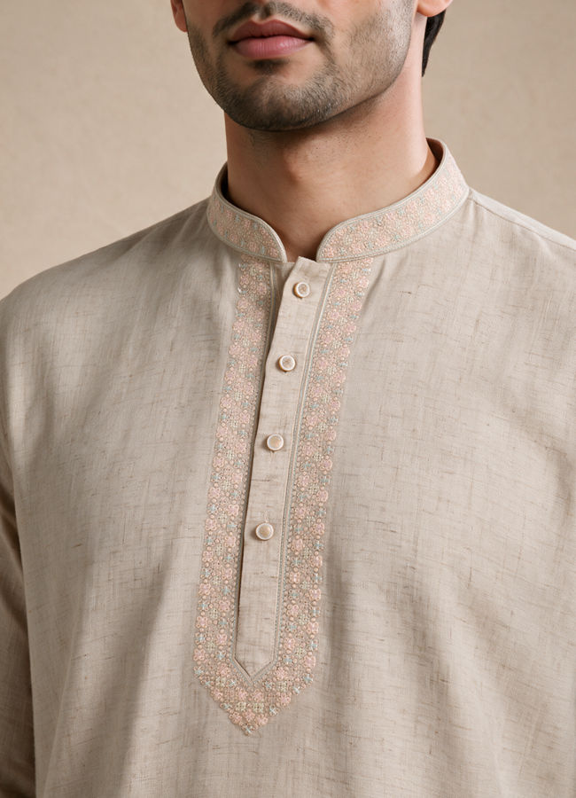 Manyavar Men Beige Blended Linen Short Kurta with Embroidery
